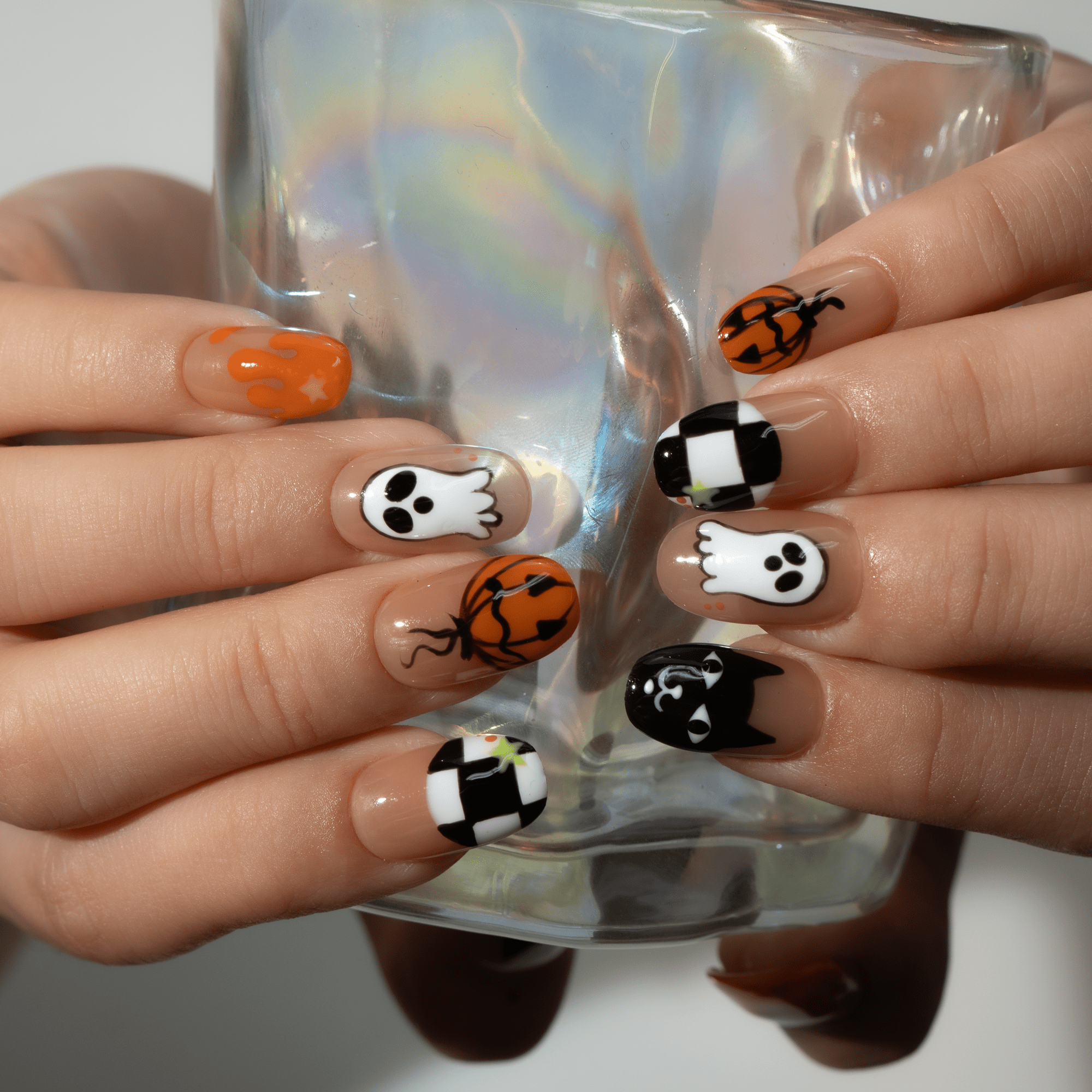 Spooky Night press-on nails – hand-painted reusable gel set by Handora