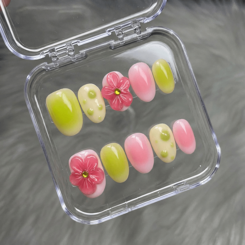 Spring Bloom press-on nails – design close-up by Handora