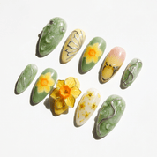 Spring Chrysalis almond press-on nails – design close-up by Handora