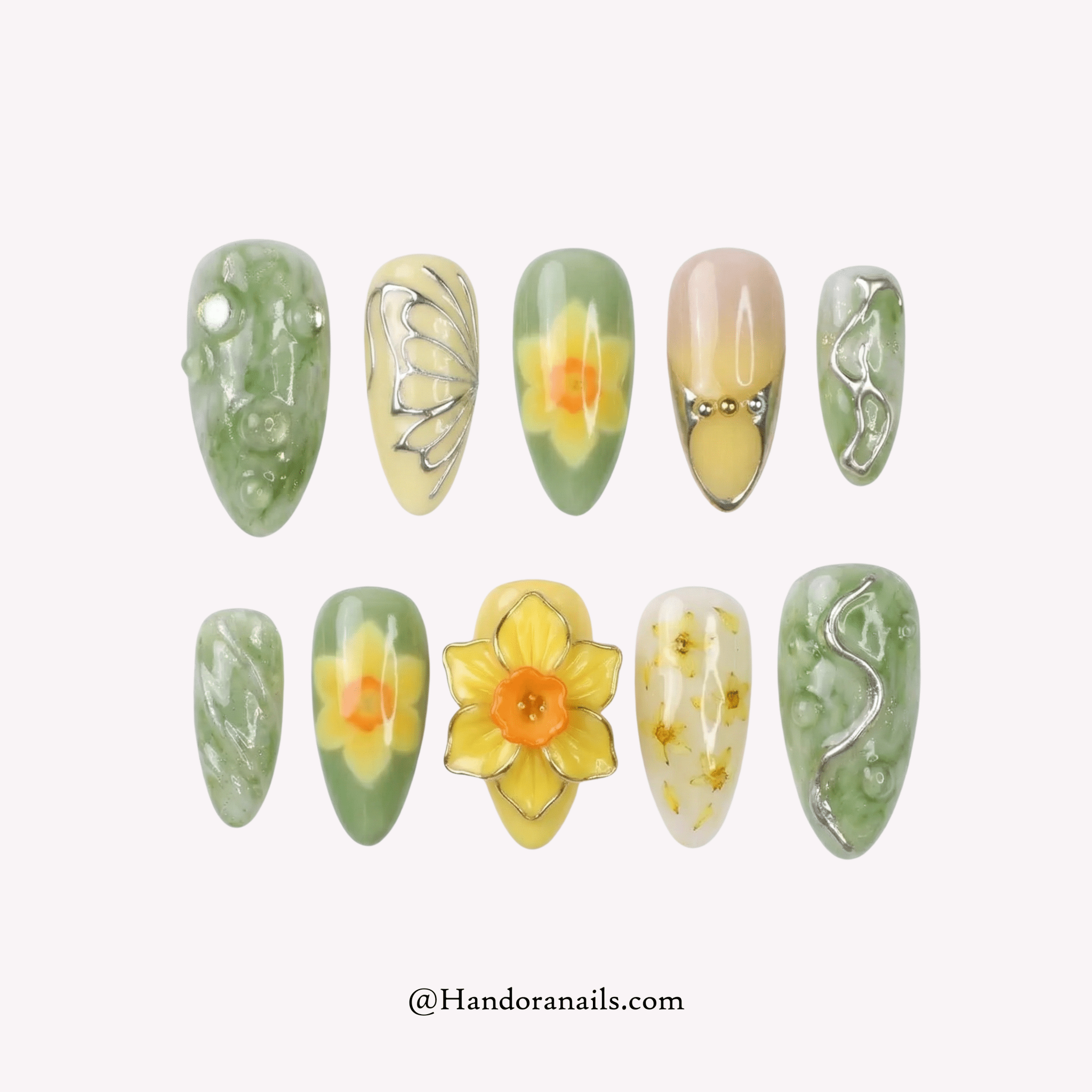 Spring Chrysalis almond floral press-on nails by Handora