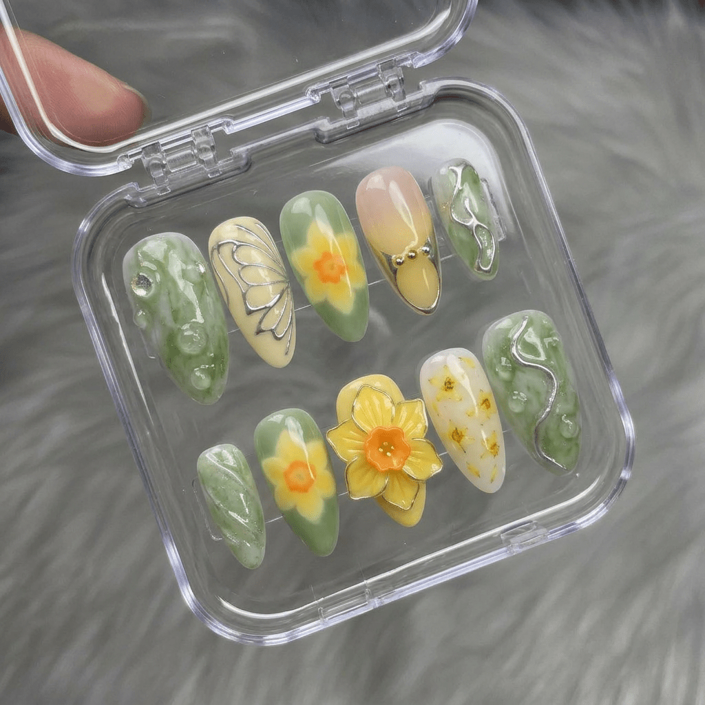 Spring Chrysalis press-on nails – hand-painted reusable gel set by Handora