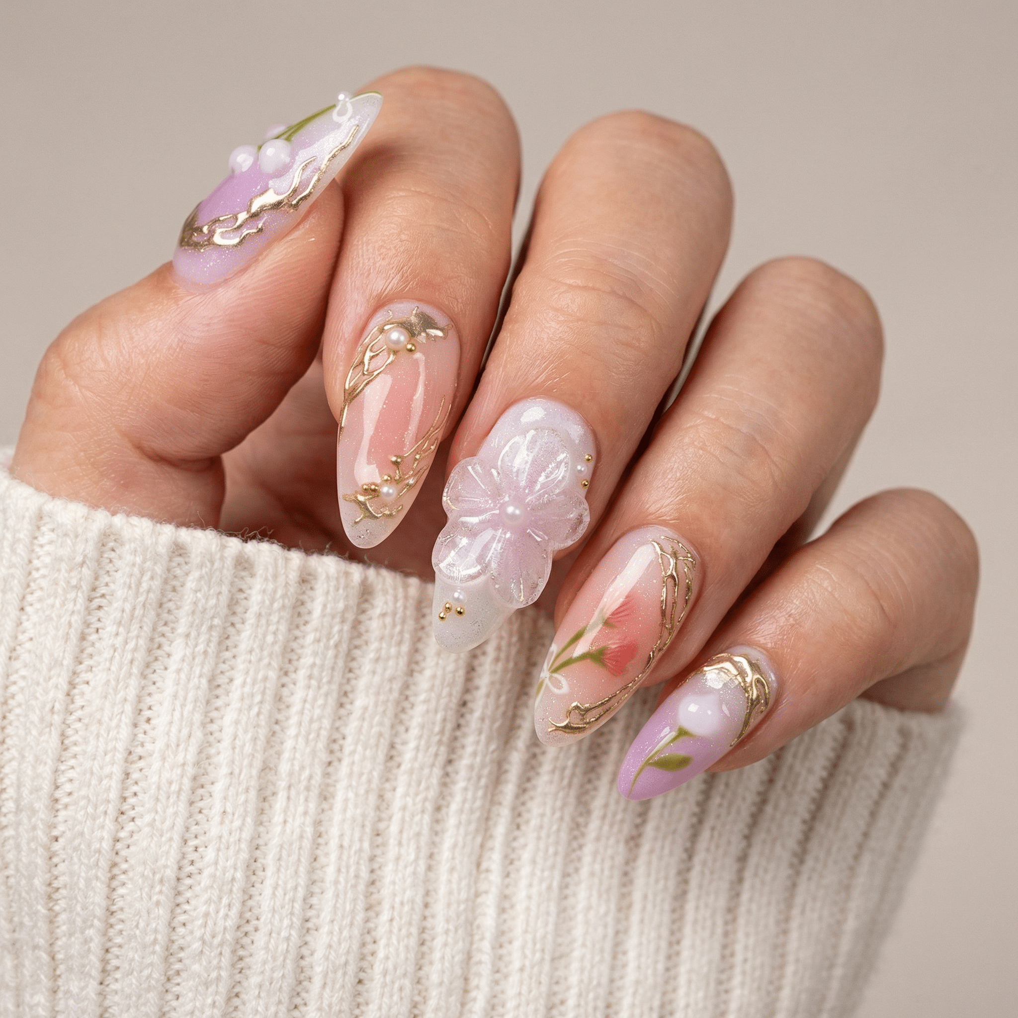 Spring Grace press-on nails – hand-painted reusable gel set by Handora