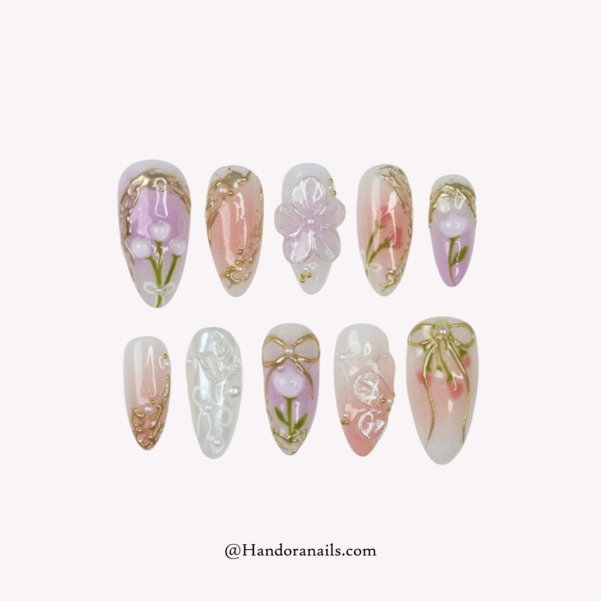 Spring Grace almond floral press-on nails by Handora
