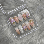 Spring Grace almond press-on nails – design close-up by Handora