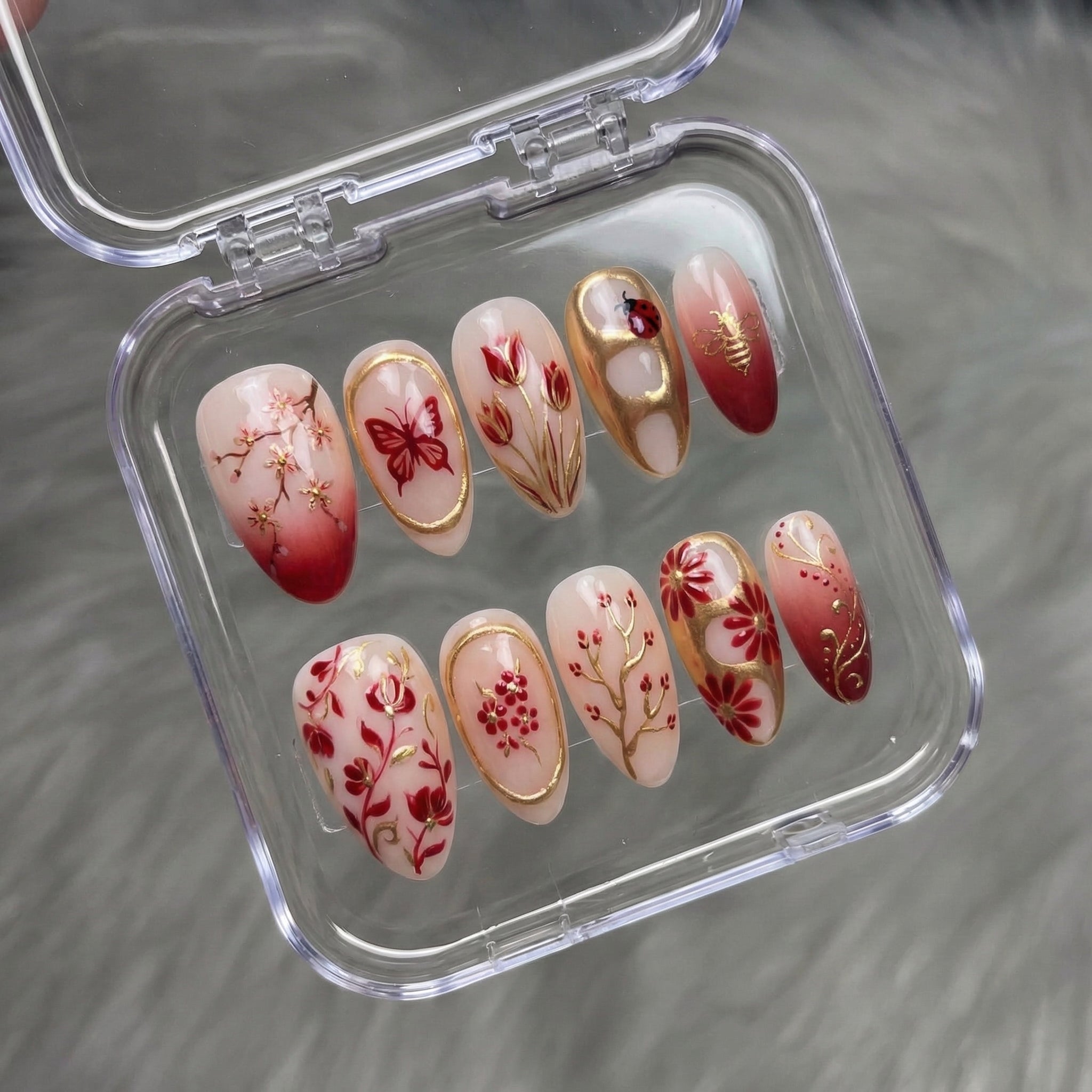 Spring Melody press-on nails worn on hand – almond shape by Handora