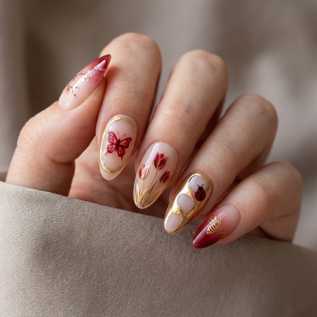 Spring Melody floral nail design – handmade press-on nails by Handora