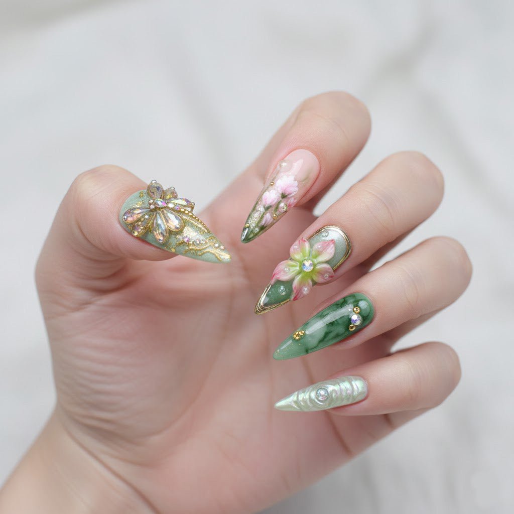 Spring Treats press-on nails – hand-painted reusable gel set by Handora