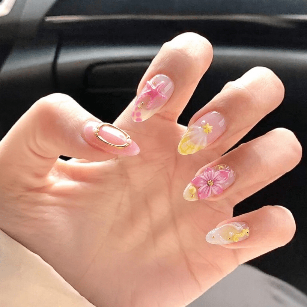 Starry Pink press-on nails – hand-painted reusable gel set by Handora