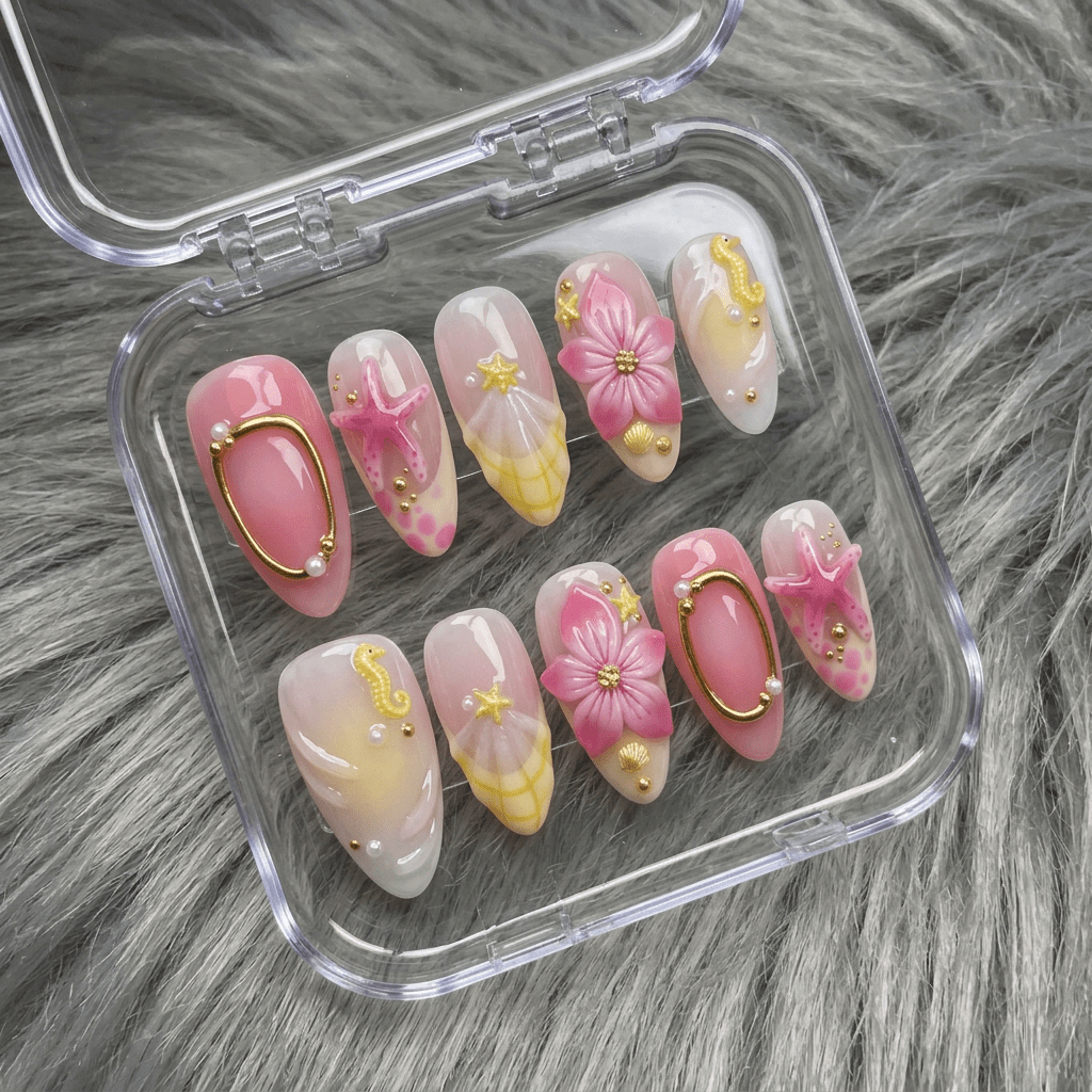 Starry Pink press-on nails worn on hand – almond shape by Handora