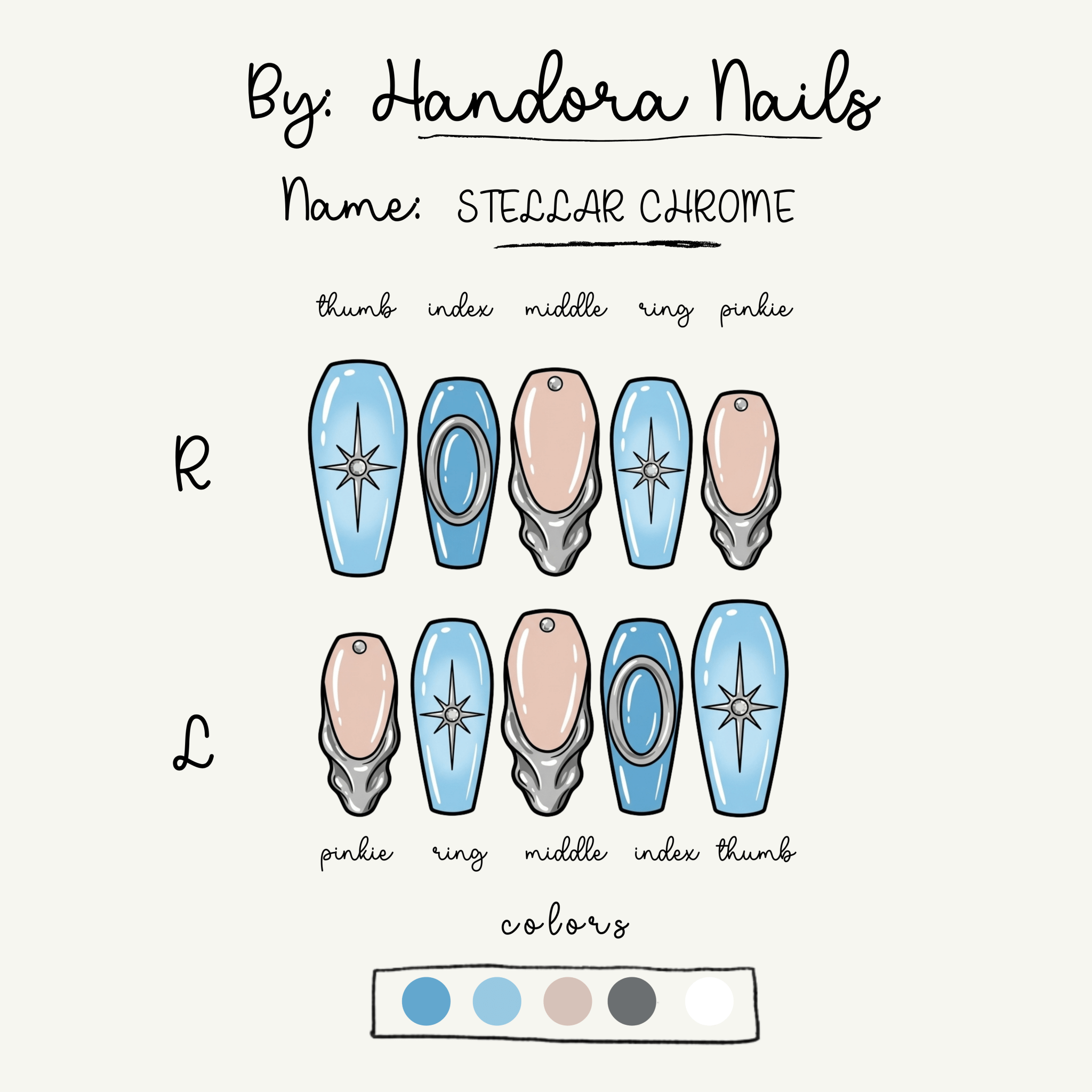 Stellar Chrome coffin press-on nails – design close-up by Handora