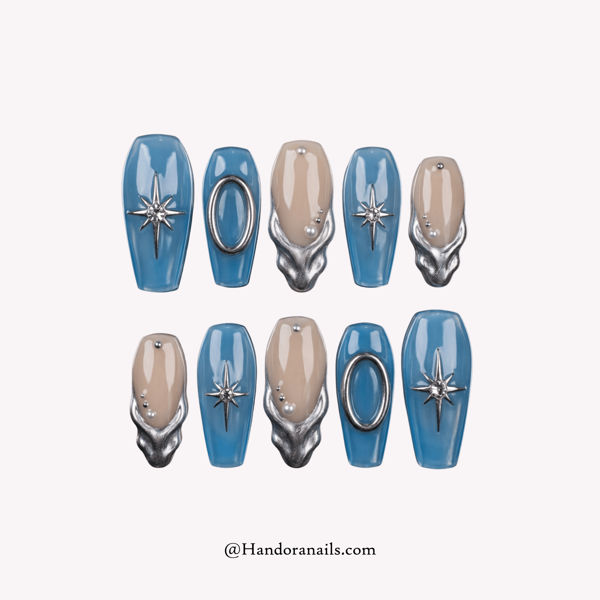 Stellar Chrome coffin 3d press-on nails by Handora