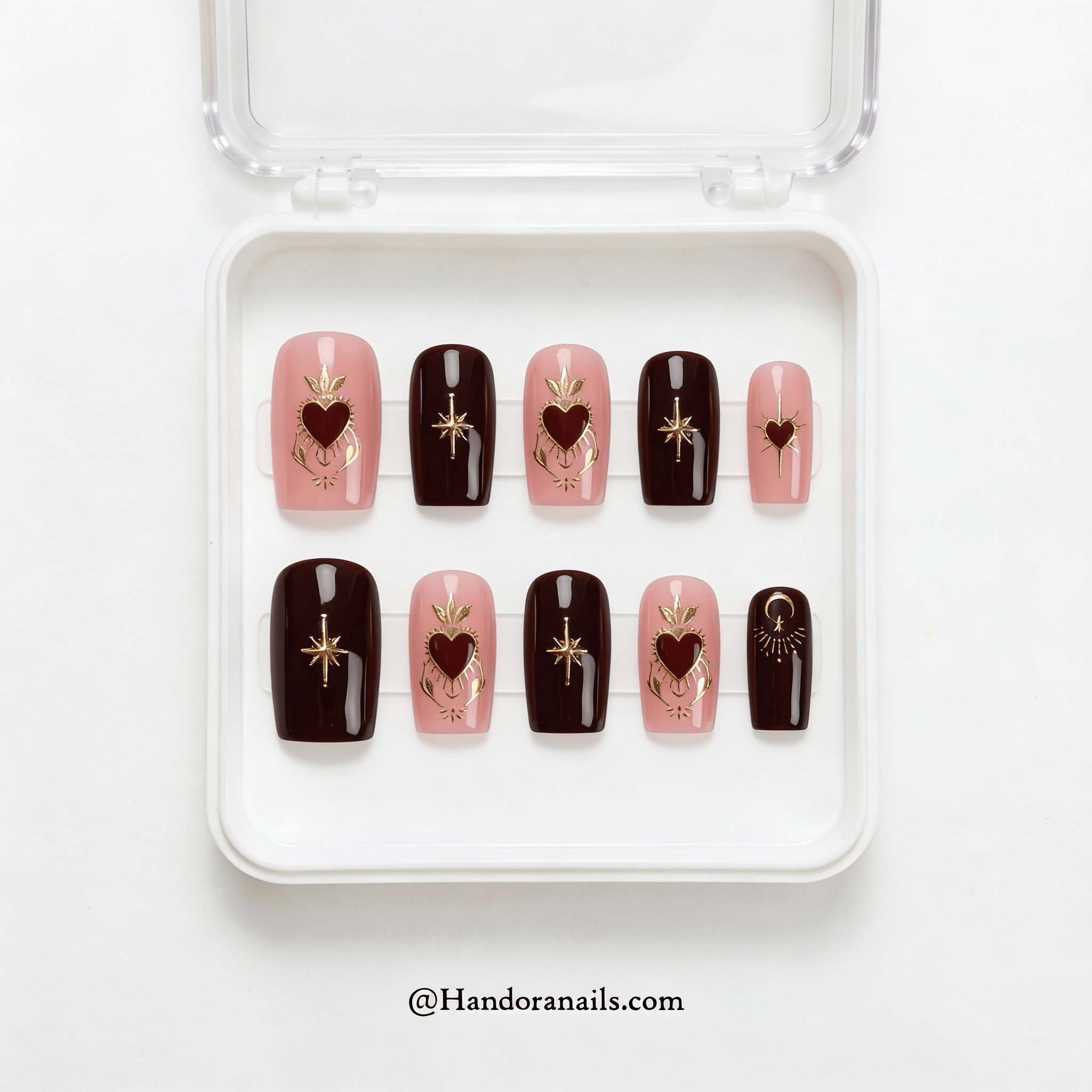 Stellar Heart square press-on nails – design close-up by Handora