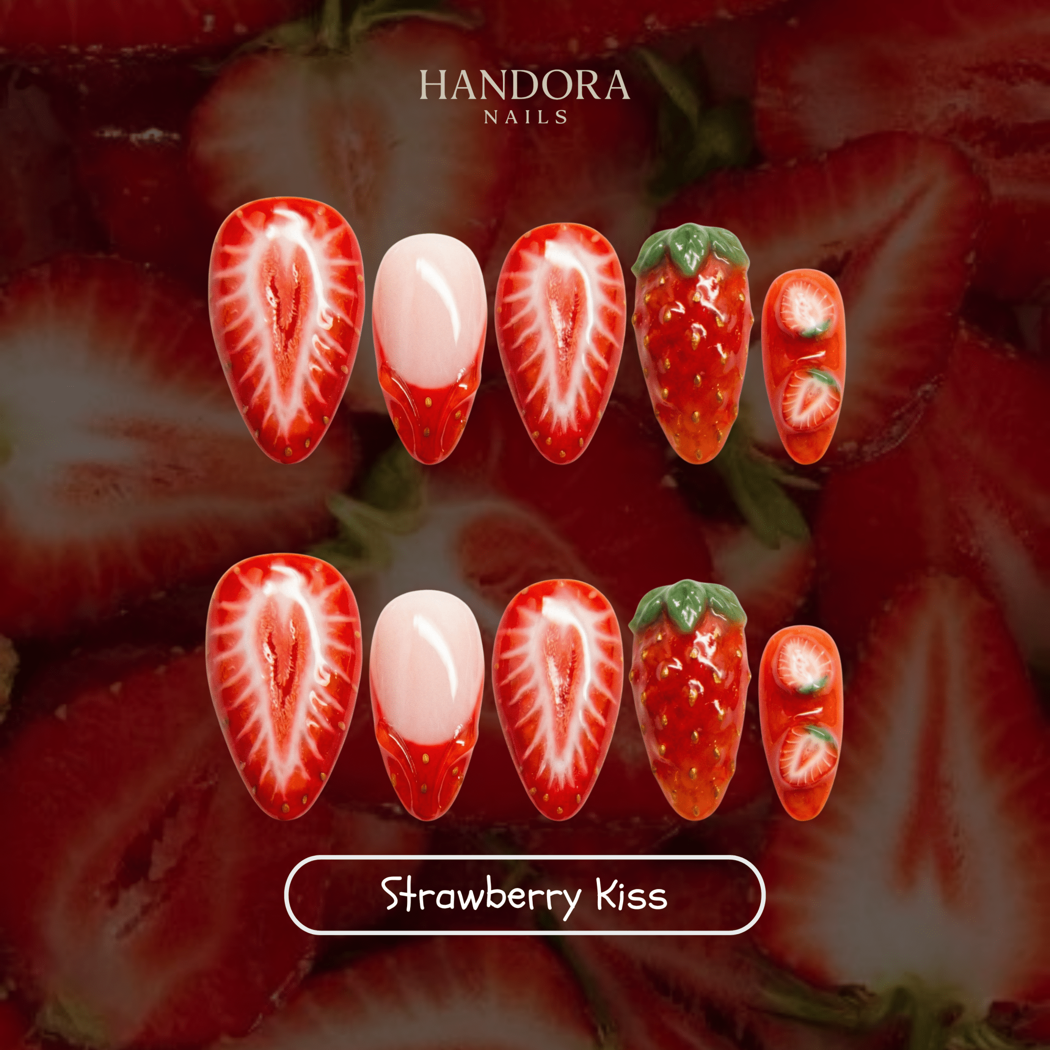 Strawberry Kiss press-on nails – design close-up by Handora