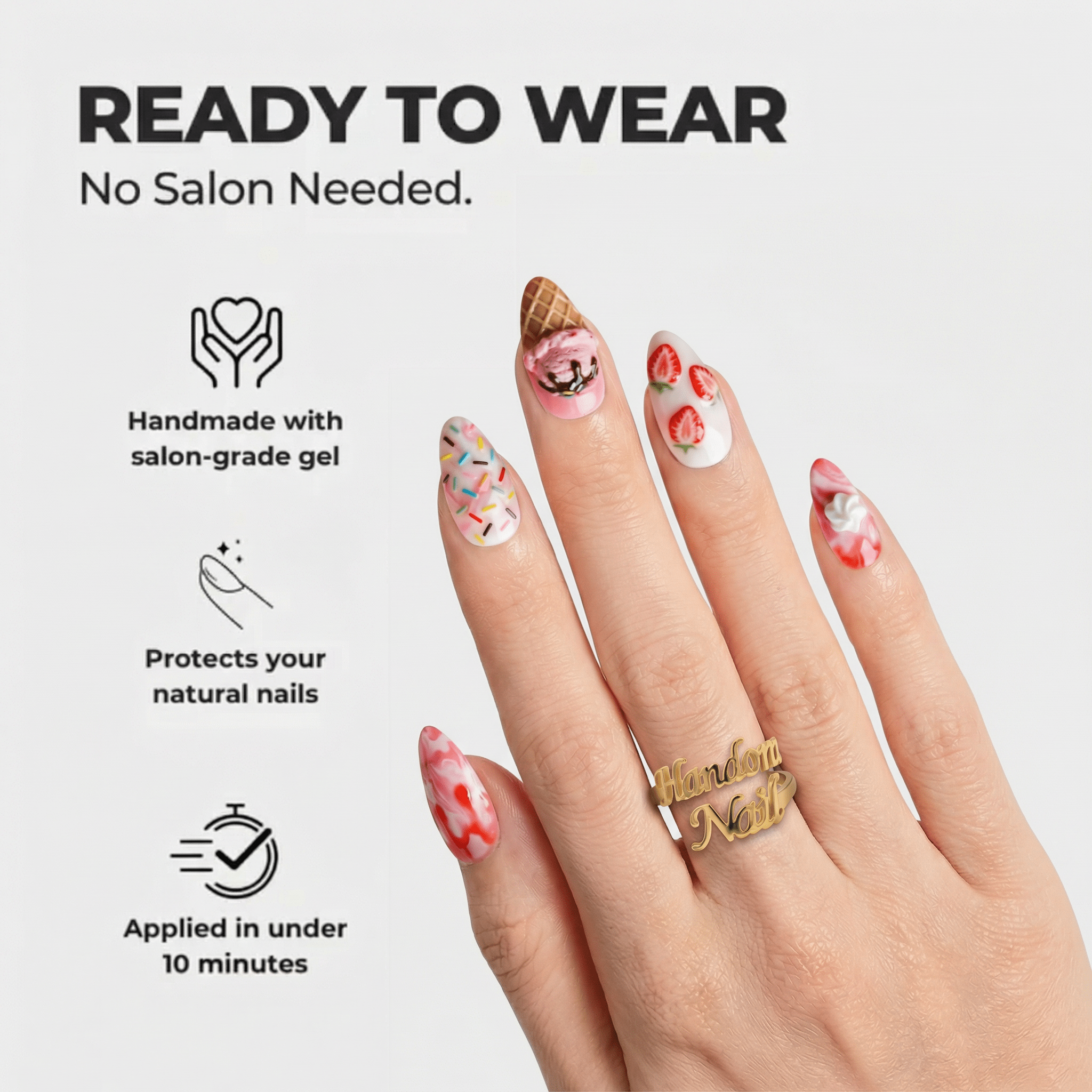 Strawberry Sundae press-on nails – design close-up by Handora
