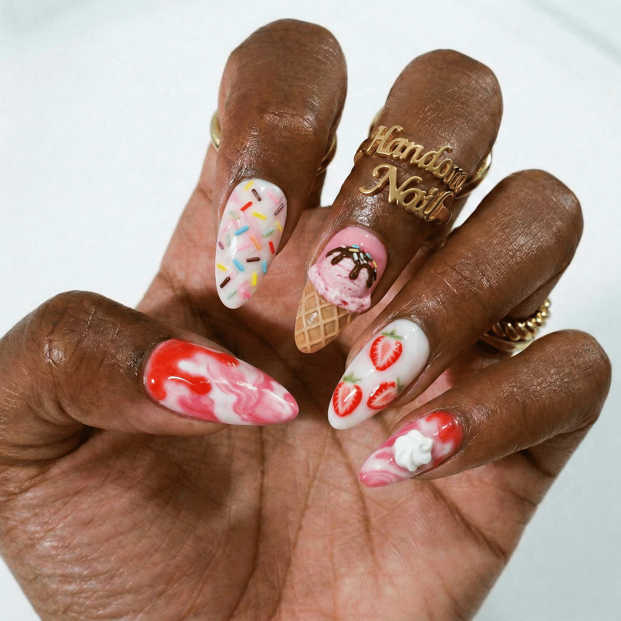 Strawberry Sundae kawaii nail design – handmade press-on nails by Handora