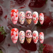 Strawberry Sundae press-on nails – hand-painted reusable gel set by Handora