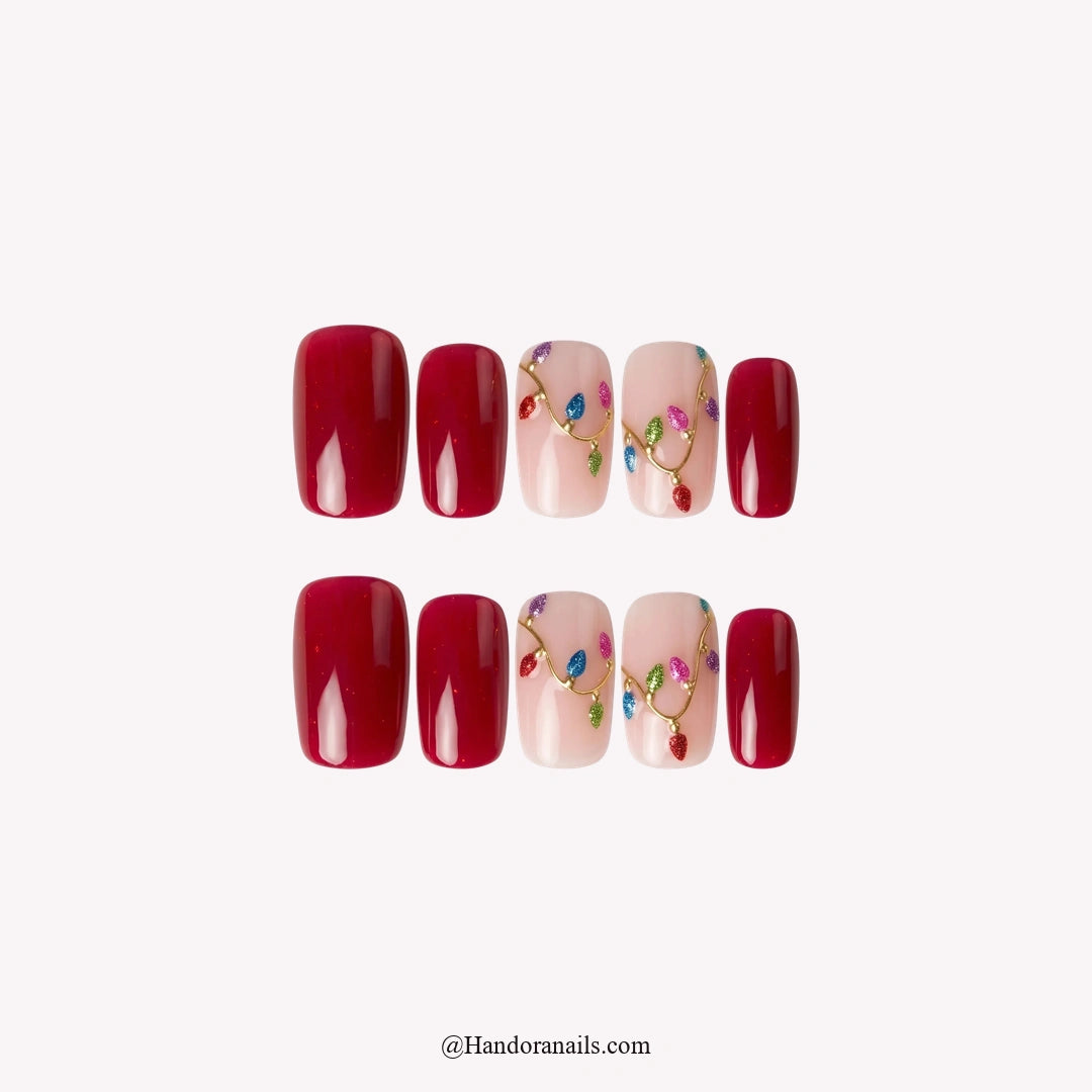 String Lights Christmas press-on nails - white background by Handora Nails