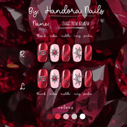 Sultry Ruby press-on nails – design close-up by Handora