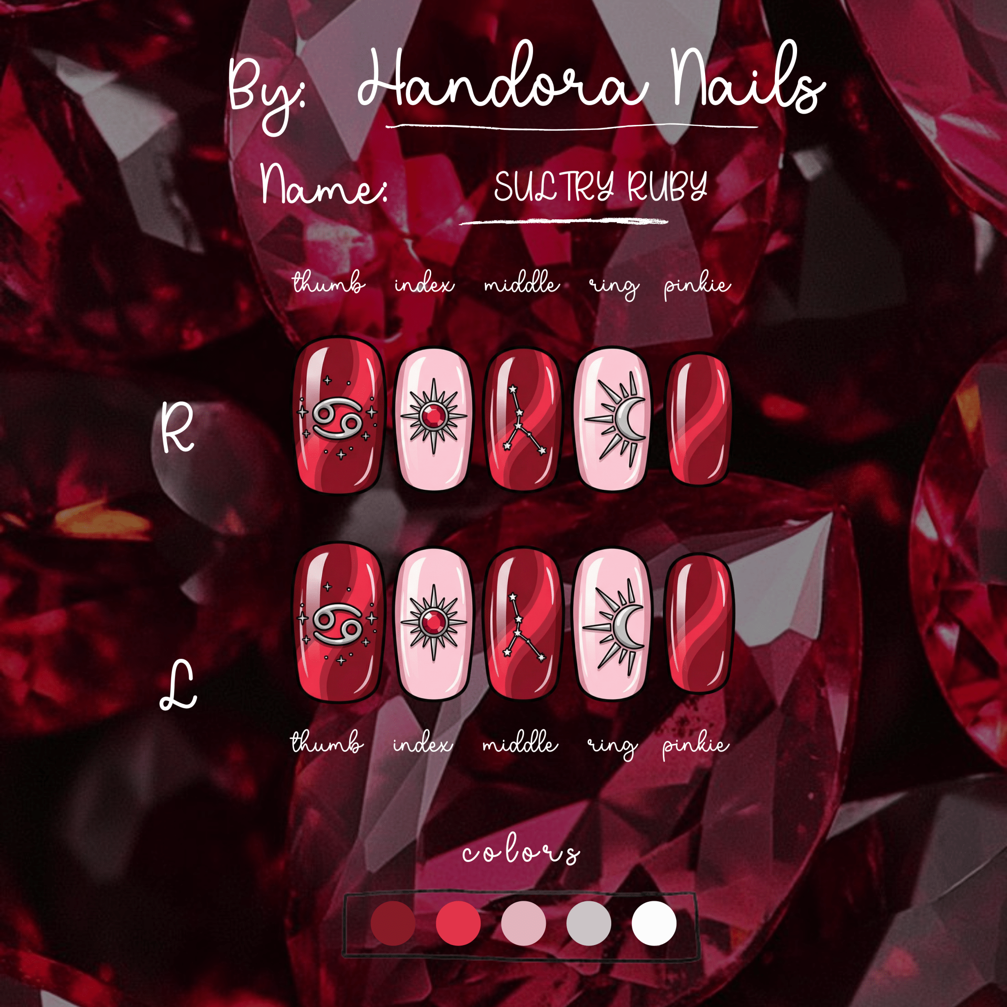 Sultry Ruby press-on nails – design close-up by Handora