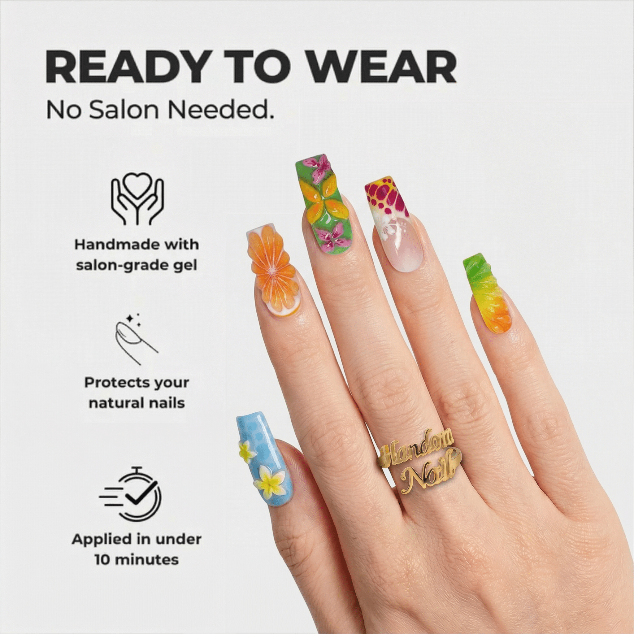 Summer Bloom coffin press-on nails – design close-up by Handora