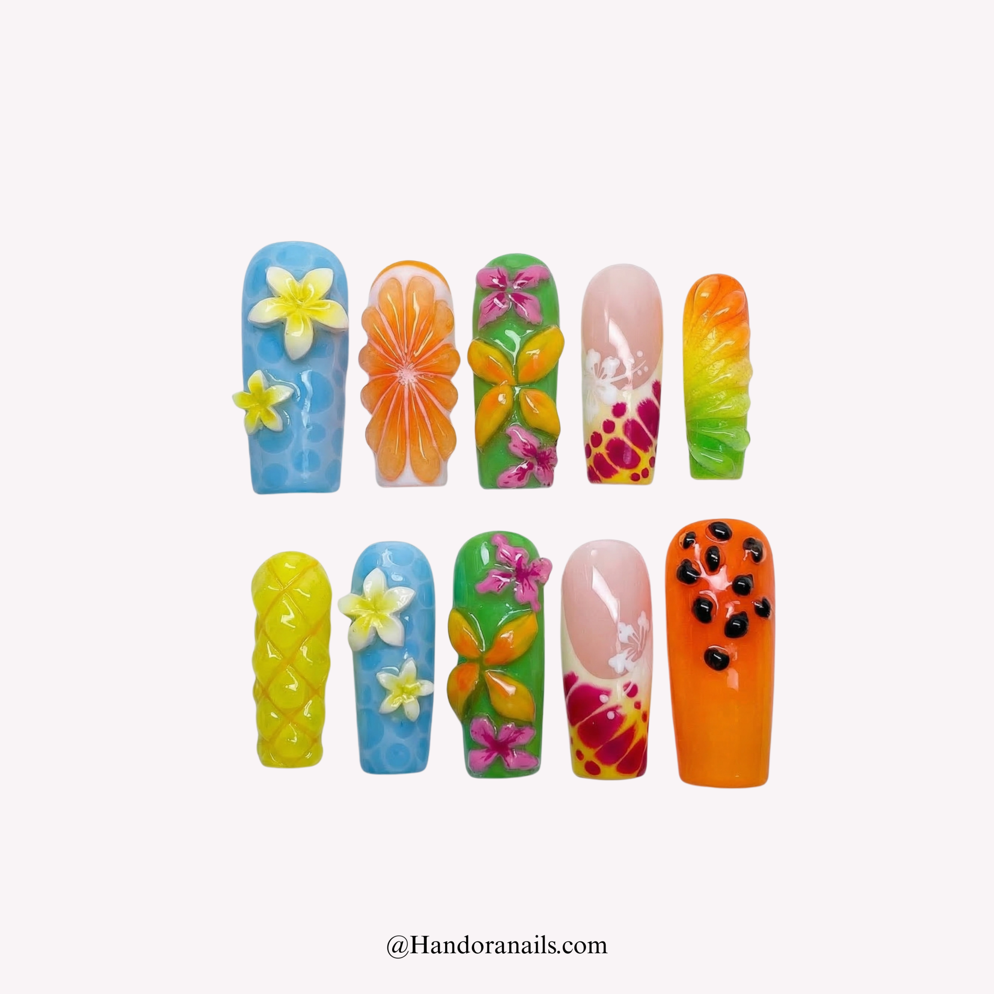 Summer Bloom coffin floral press-on nails by Handora