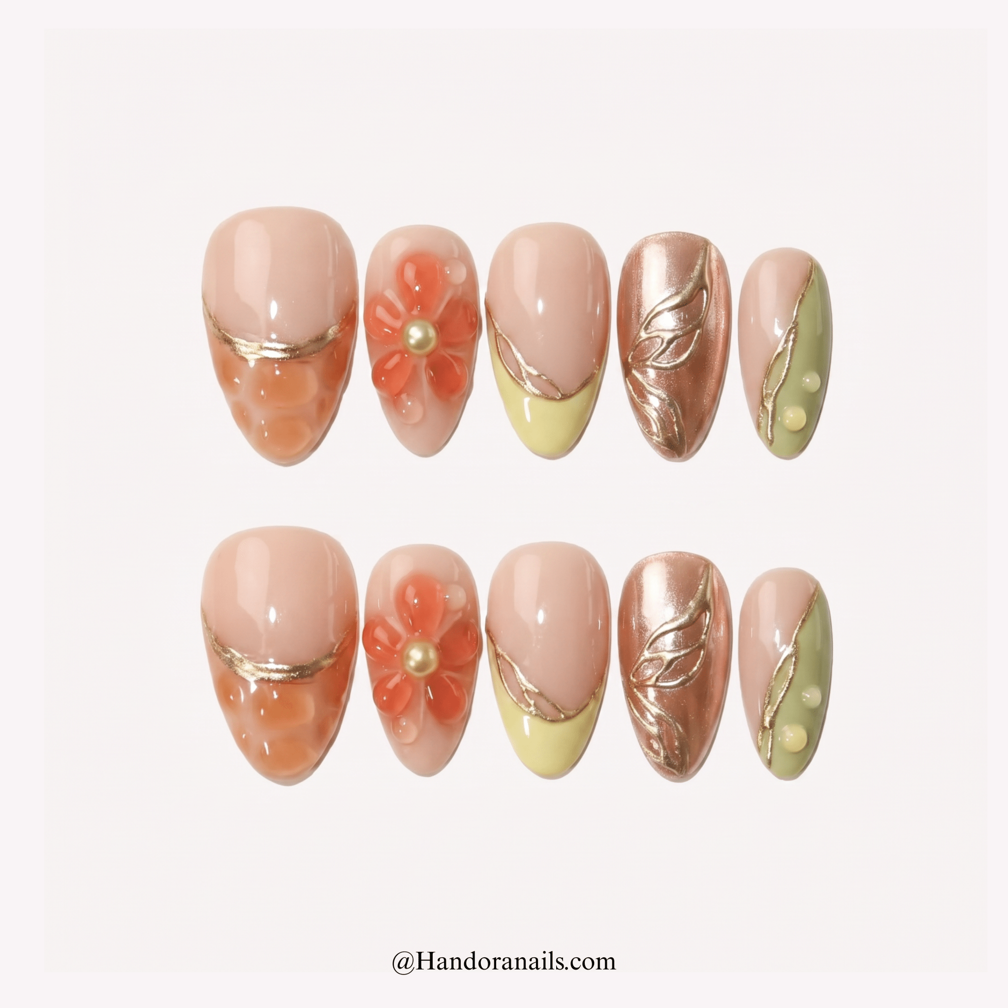 Summer Peach floral press-on nails by Handora