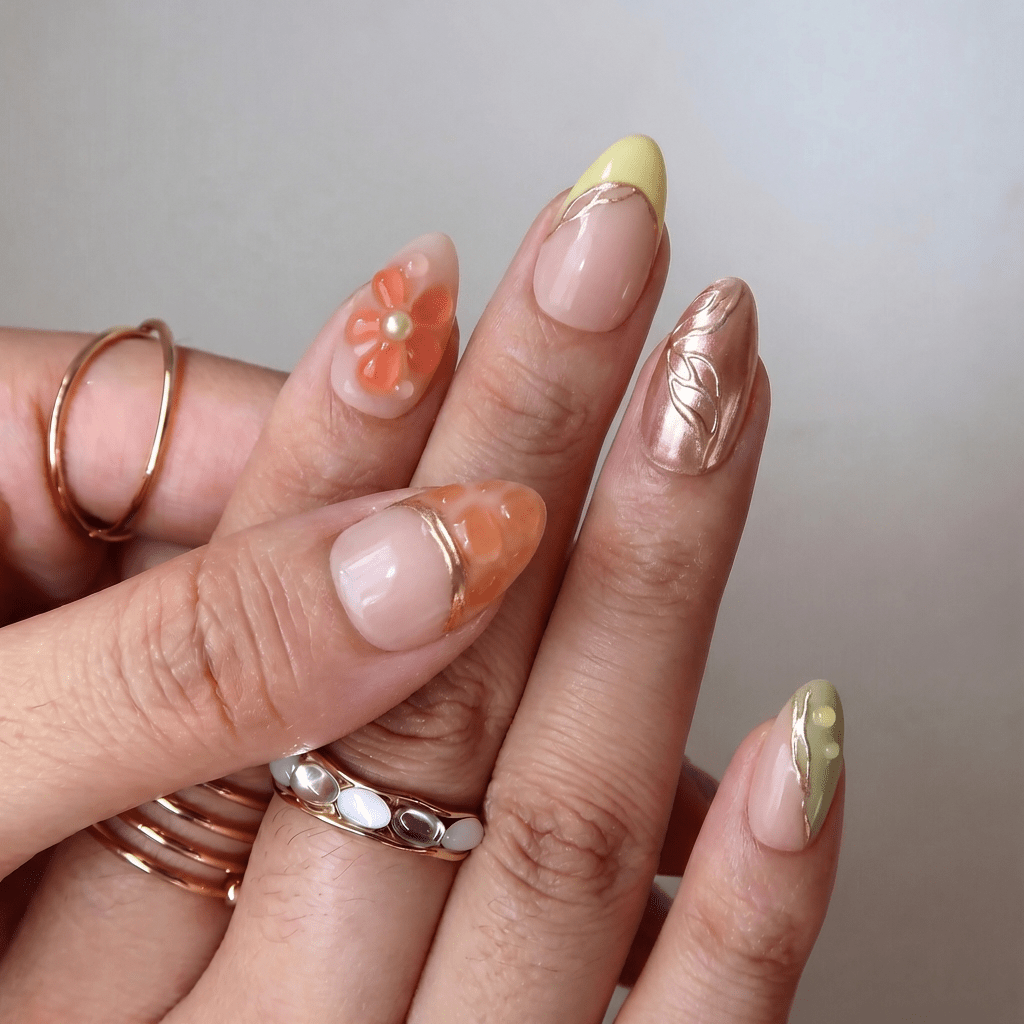 Summer Peach press-on nails worn on hand – almond shape by Handora