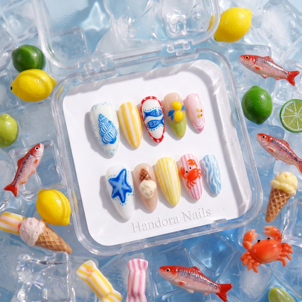 Summer Picnic press-on nails – hand-painted reusable gel set by Handora