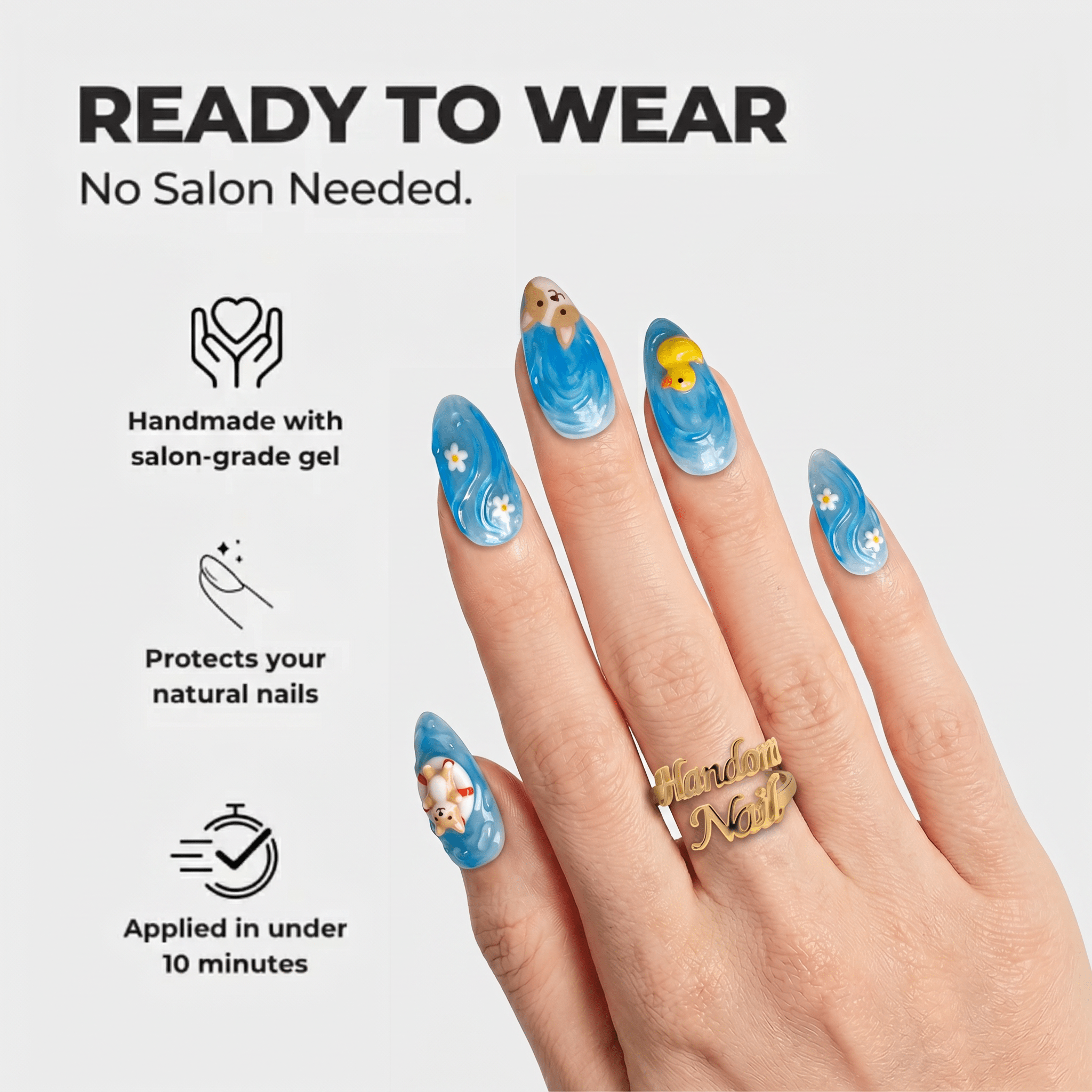 Summer Puppy kawaii nail design – handmade press-on nails by Handora