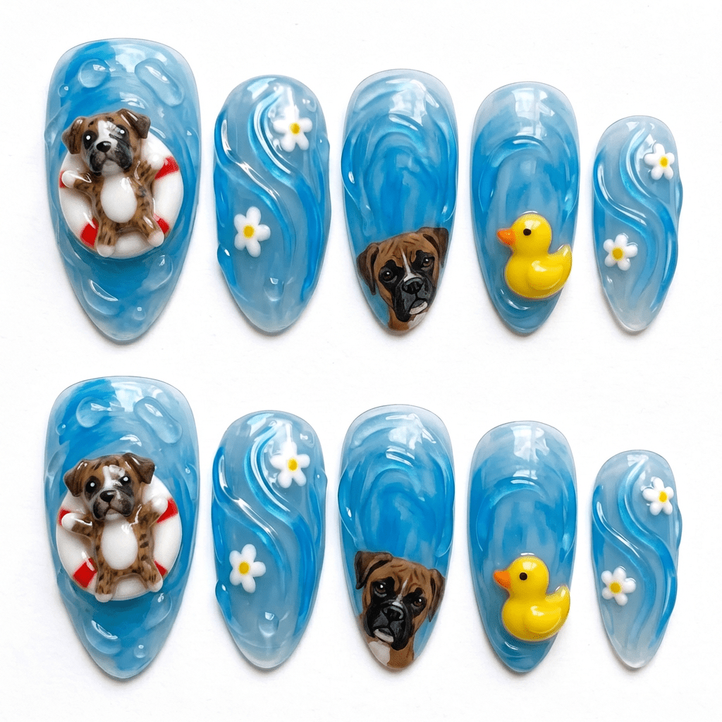 Summer Puppy almond press-on nails – design close-up by Handora