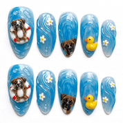 Summer Puppy almond press-on nails – design close-up by Handora