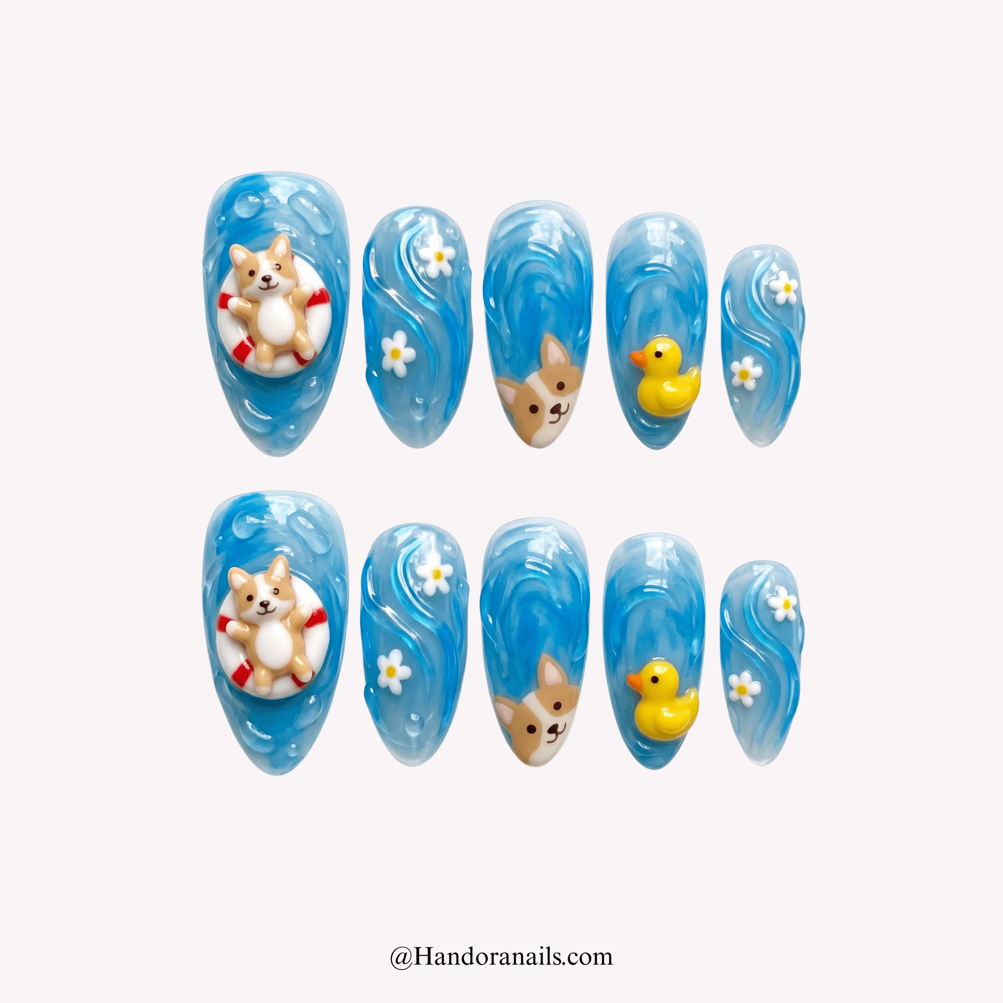 Summer Puppy almond kawaii press-on nails by Handora