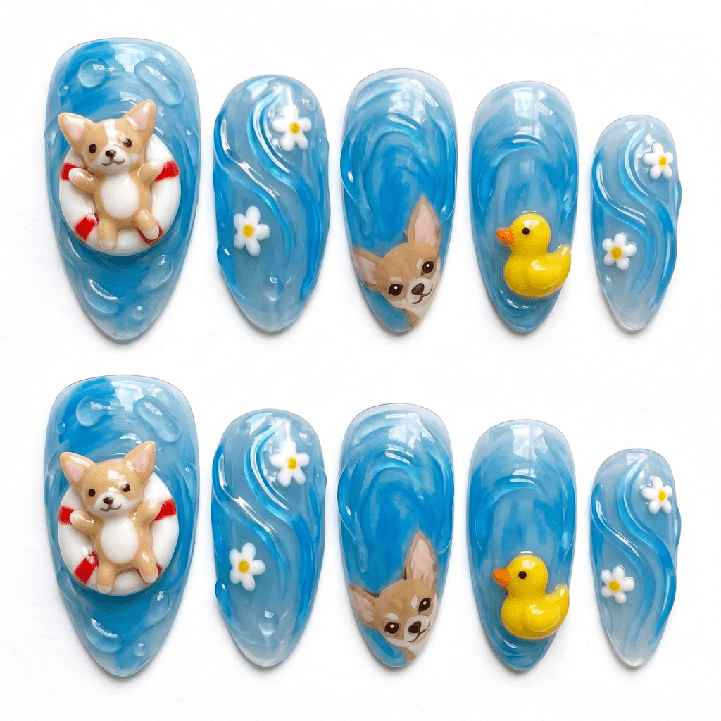 Summer Puppy kawaii nail design – handmade press-on nails by Handora
