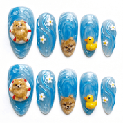 Summer Puppy almond press-on nails – design close-up by Handora