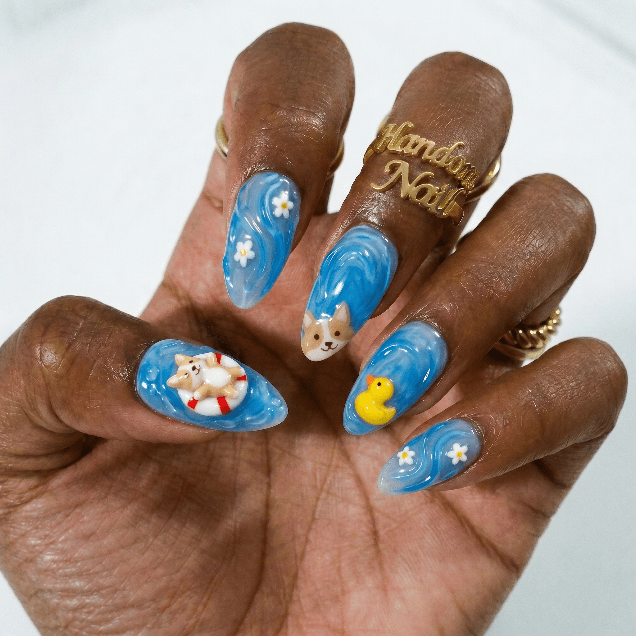 Summer Puppy almond press-on nails – design close-up by Handora
