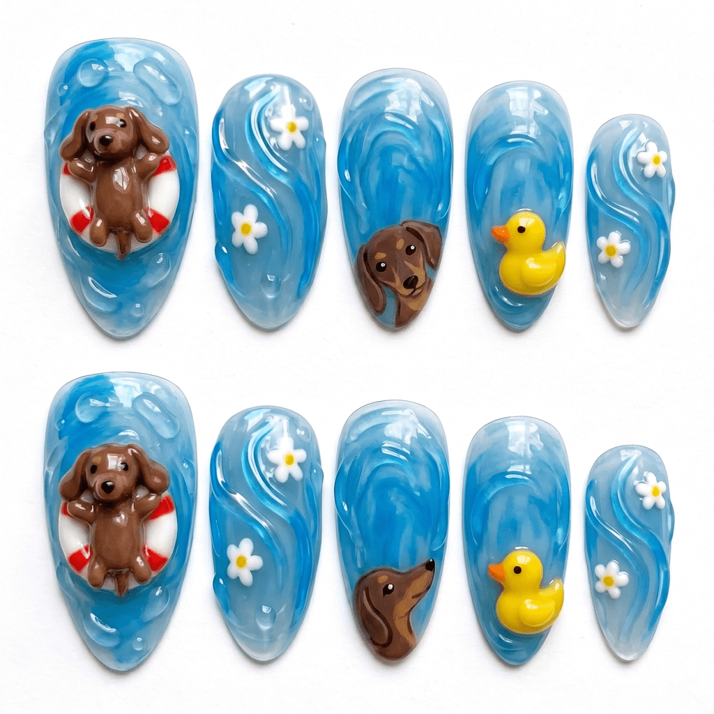 Summer Puppy press-on nails worn on hand – almond shape by Handora