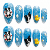 Summer Puppy press-on nails – hand-painted reusable gel set by Handora
