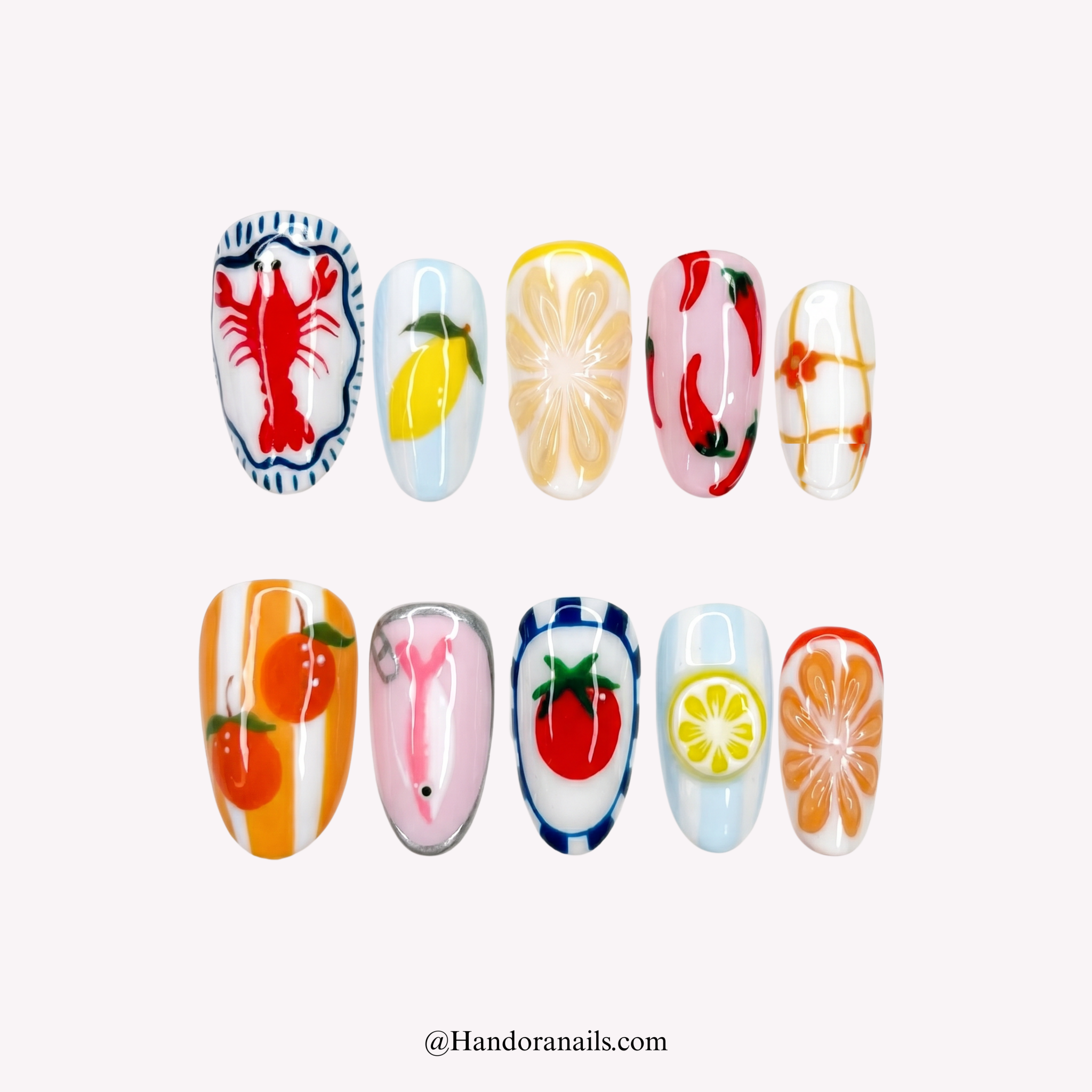 Summer Seafood almond summer press-on nails by Handora
