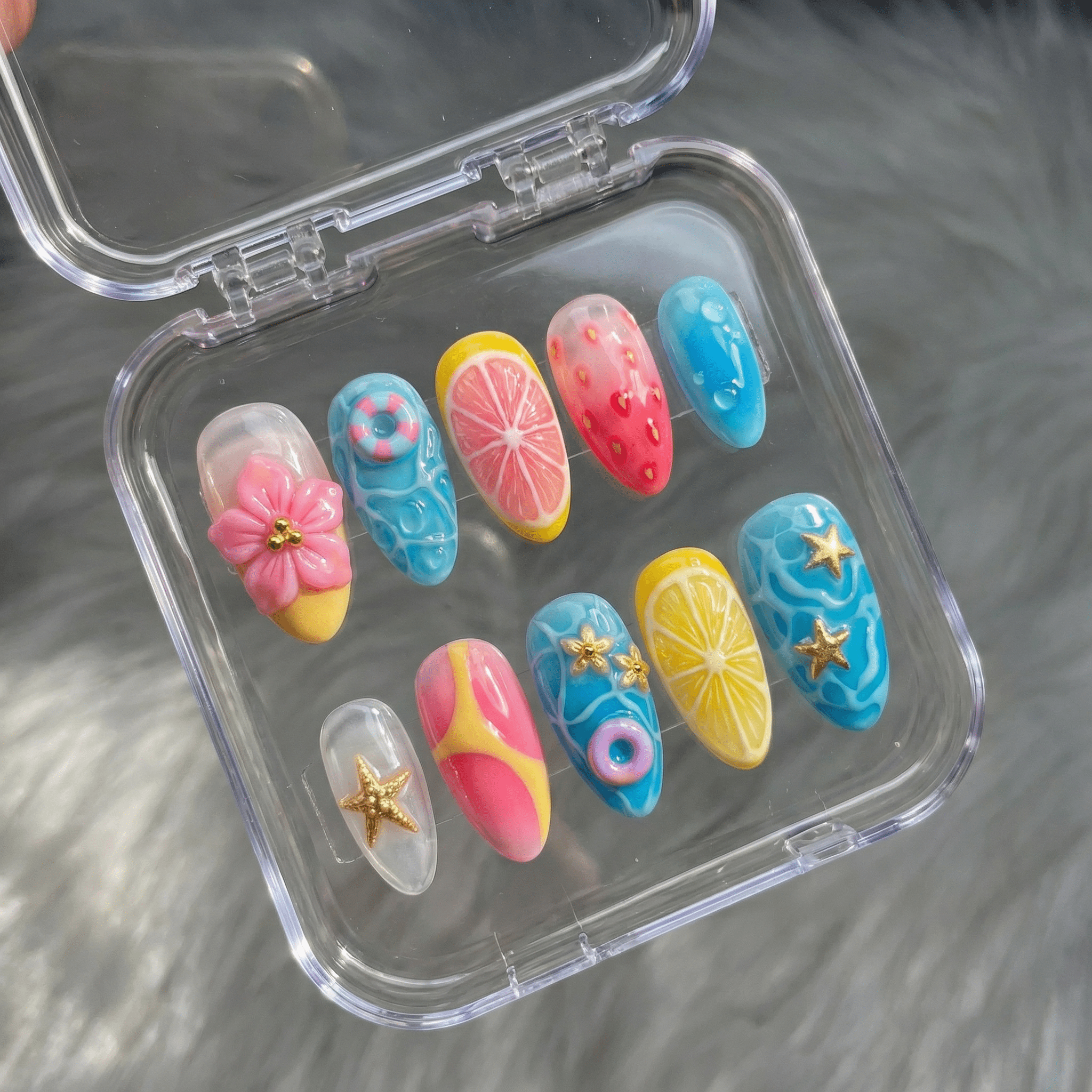 Summer Sorbet press-on nails worn on hand – almond shape by Handora