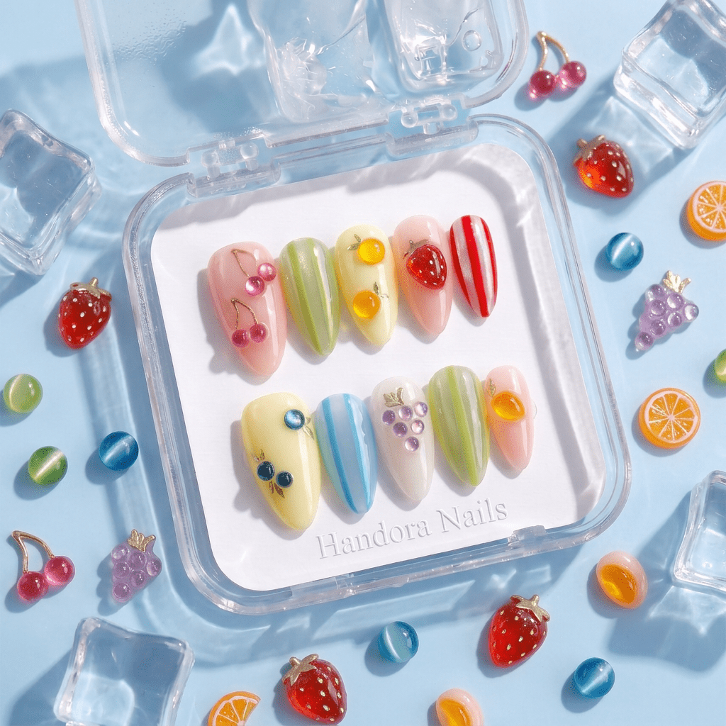 Summer Zest press-on nails – hand-painted reusable gel set by Handora