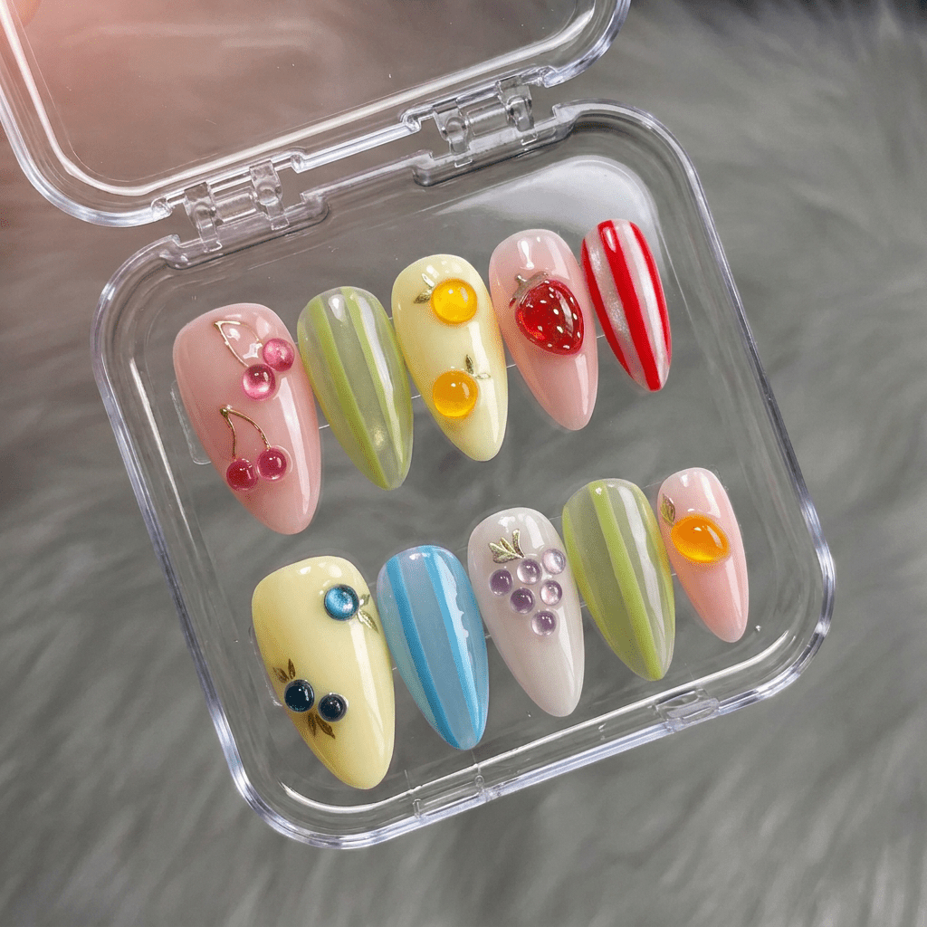 Summer Zest press-on nails – hand-painted reusable gel set by Handora
