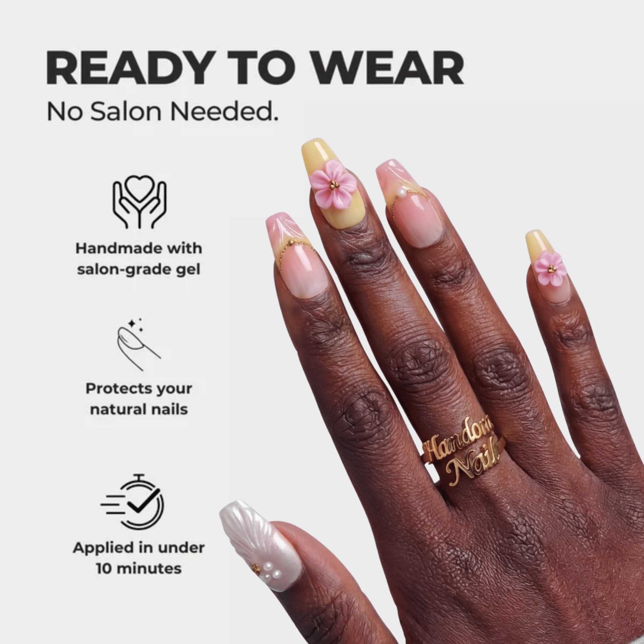 Sunlit Bloom press-on nails – design close-up by Handora