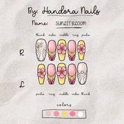 Sunlit Bloom press-on nails worn on hand – almond shape by Handora