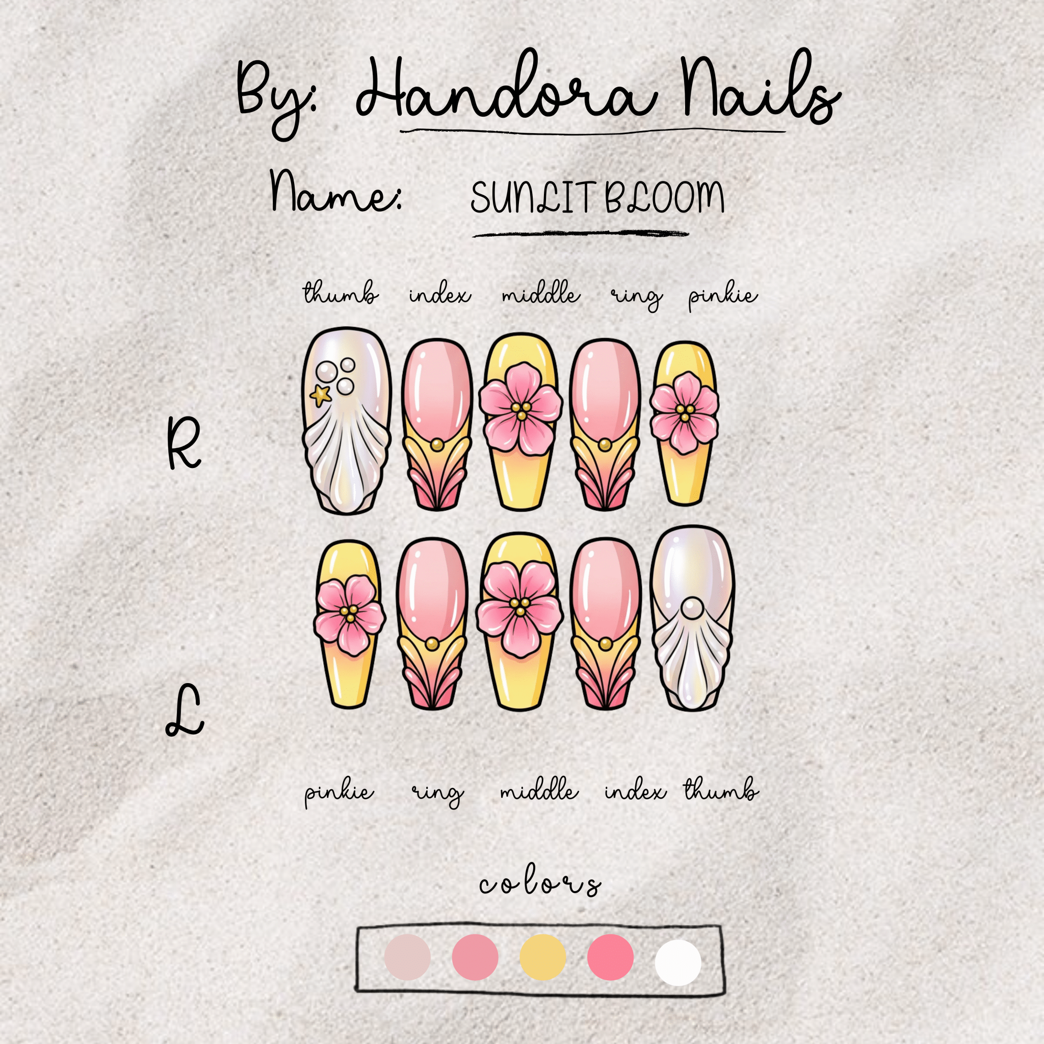 Sunlit Bloom press-on nails worn on hand – almond shape by Handora