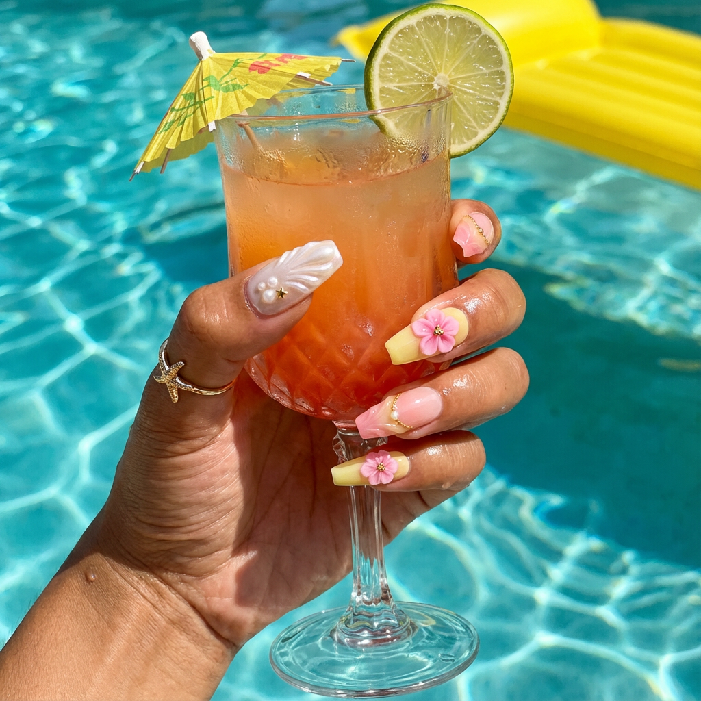 Sunlit Bloom floral nail design – handmade press-on nails by Handora