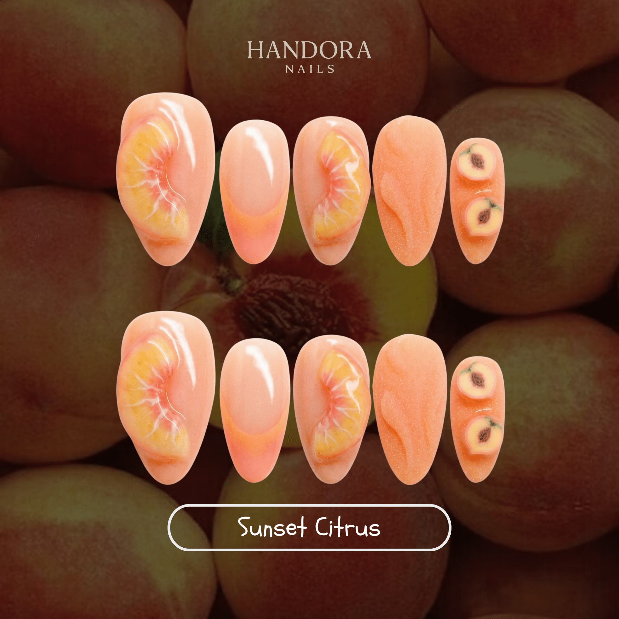 Sunset Citrus press-on nails – design close-up by Handora