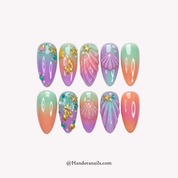 Sunset Mermaid almond 3d press-on nails by Handora
