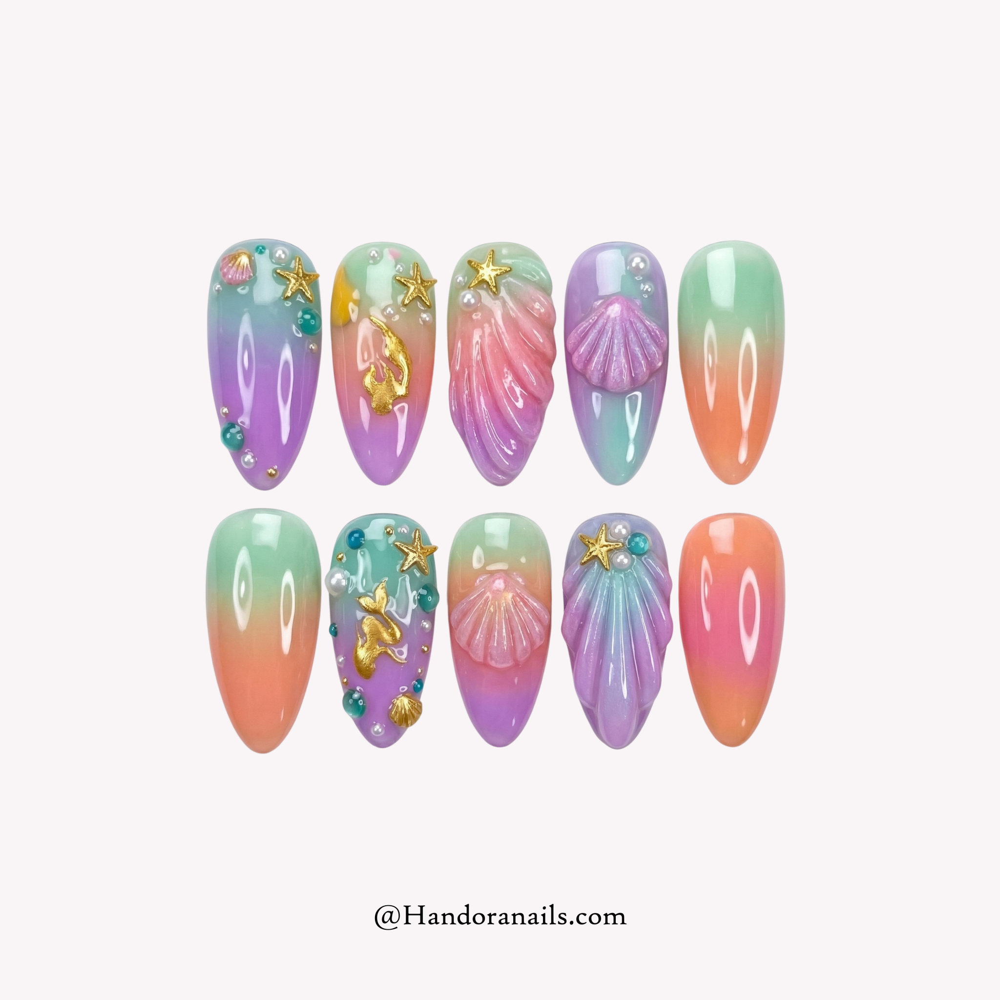 Sunset Mermaid almond 3d press-on nails by Handora