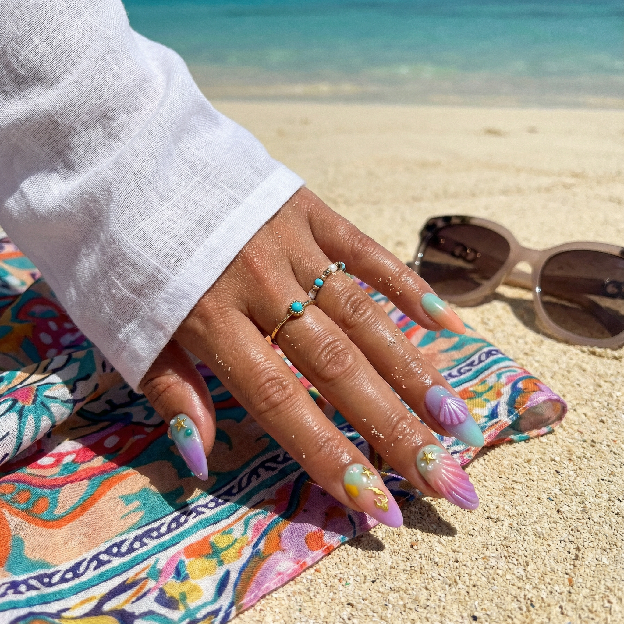 Sunset Mermaid 3d nail design – handmade press-on nails by Handora