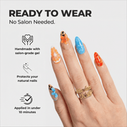 Sunset Safari almond press-on nails – design close-up by Handora